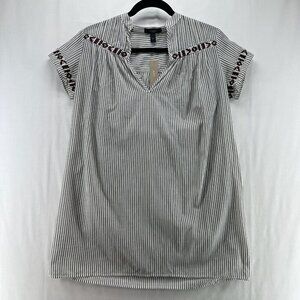 J.CREW Top Womens Sz XXS Embroidered Striped Tunic Split Neck Short Sleeve Gray